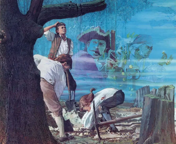 Painting of three young men digging beneath a large oak, with faint pirate faces looming in the blue background.