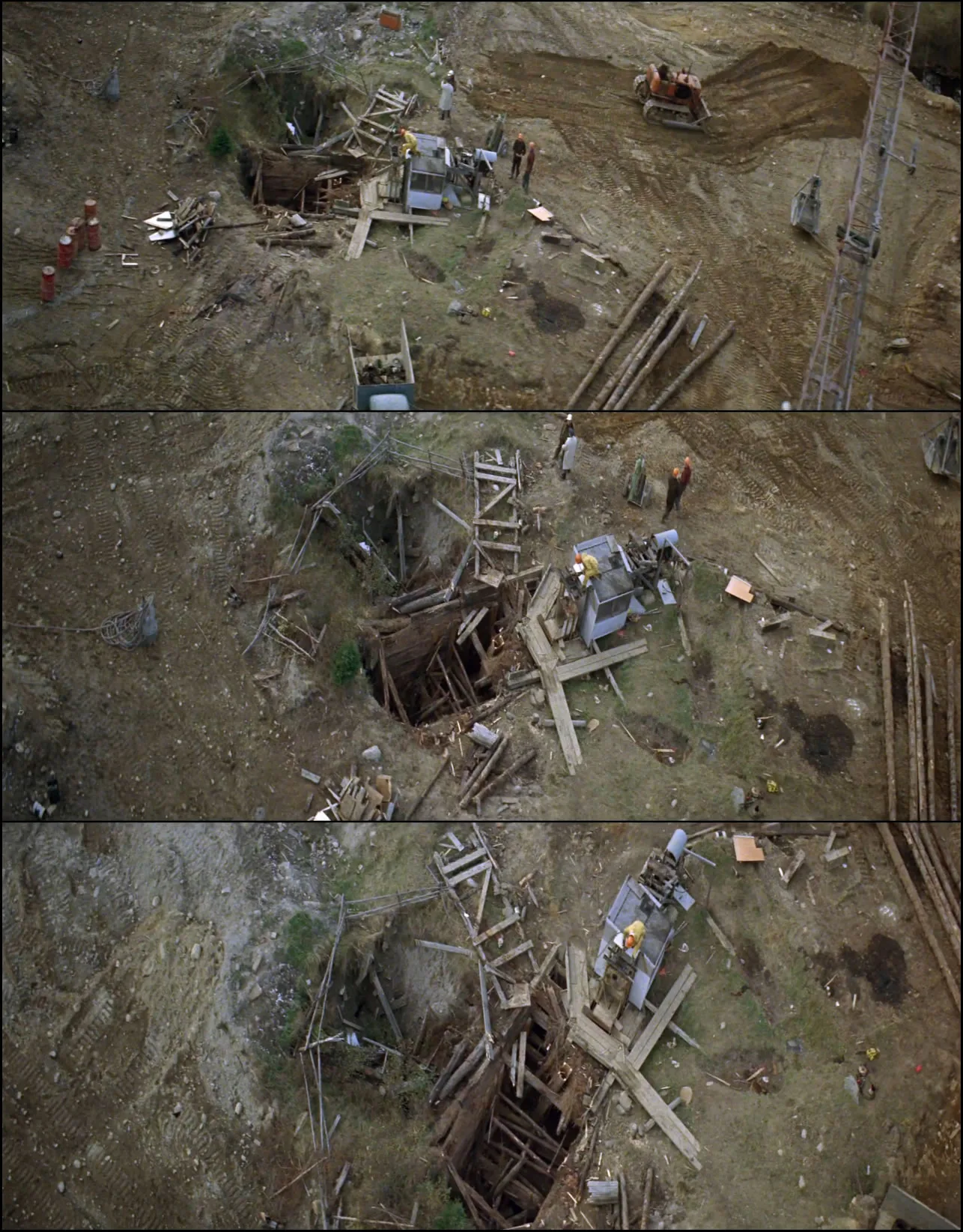 Three stacked aerial frames of the dig site: timber cribbing, machinery and stacked pipe around an open shaft.