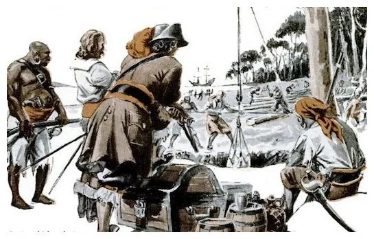 Illustration of a pirate captain seated on a chest, directing crewmen digging and hauling on a wooded shore.