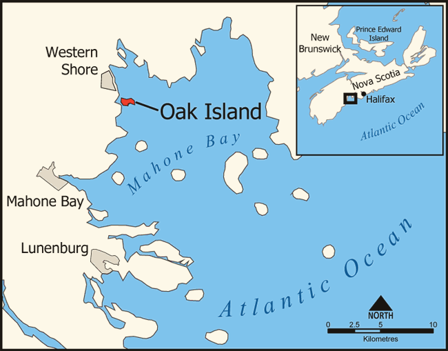 Map of Mahone Bay with Oak Island marked off Western Shore, and an inset placing it on the Nova Scotia coast near Halifax.