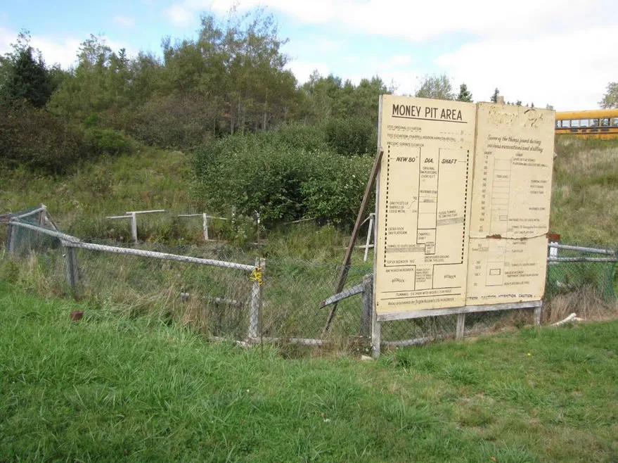 A large plywood sign beside a wire fence at the edge of an overgrown field.