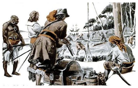 Captain Kidd overseeing his treasure being placed into the Money Pit by his crew.